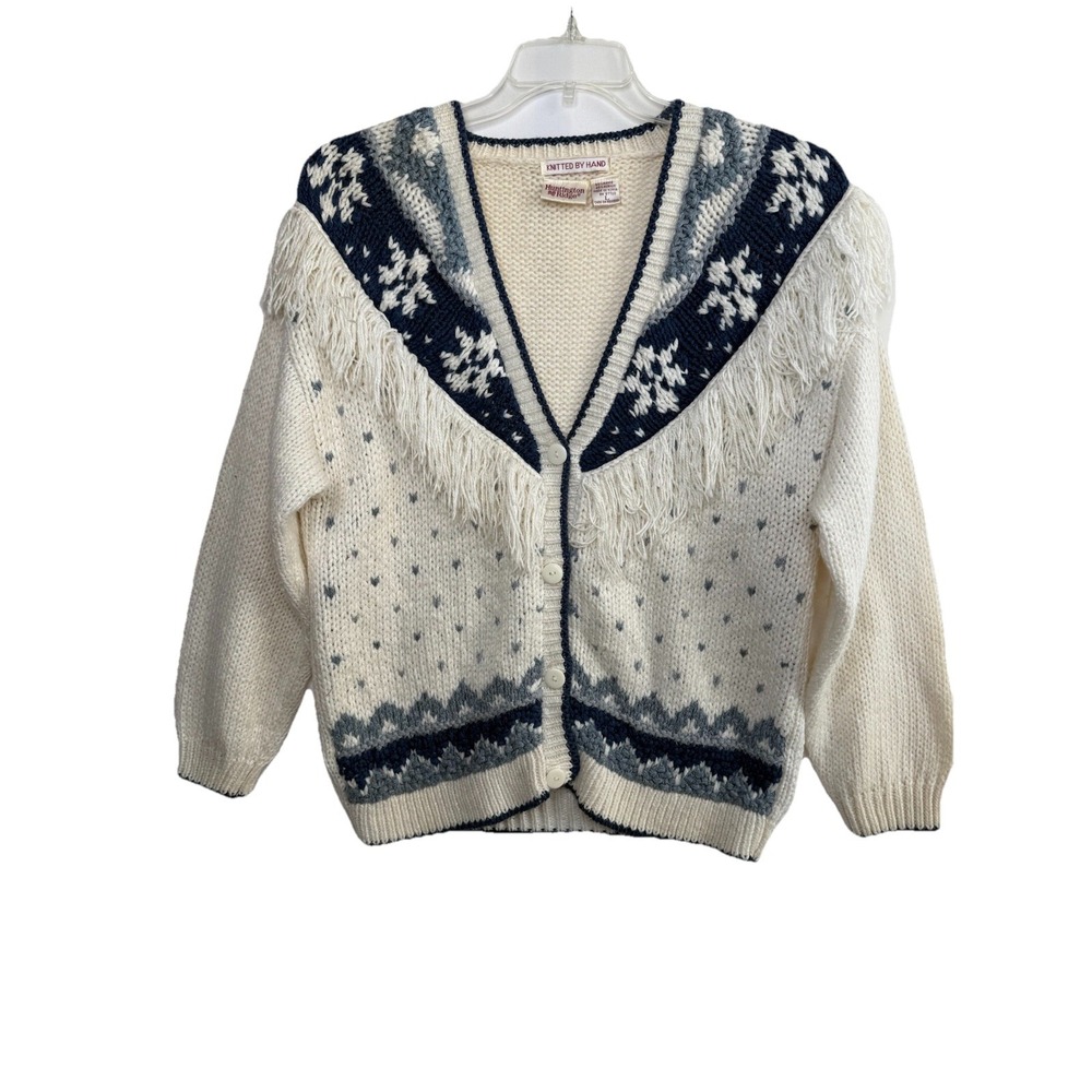 Vtg Huntington Ridge Western Fringe Hand Knit Cardigan Size‎ Large Boho Country